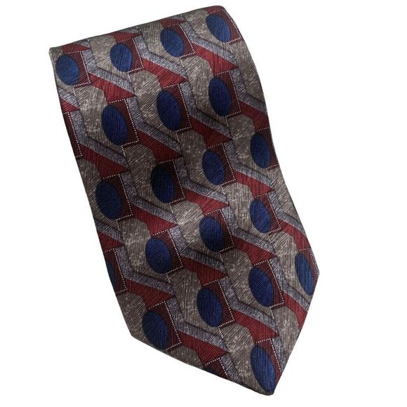 Innocenti for Tom James Tie Men's Necktie Silk Maroon Blue Geometric Made in USA - Picture 2 of 8